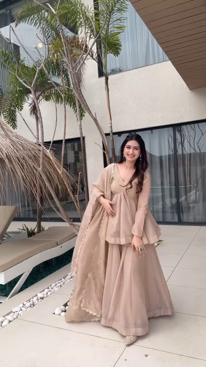 Elegant Beige Peplum Sharara Set